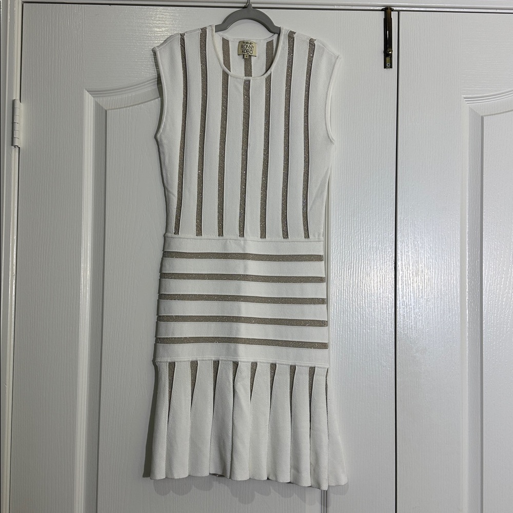 Torn by Ronny Kobo White and Soarkly Gold Striped Fitted Drop Waist Dress. Small